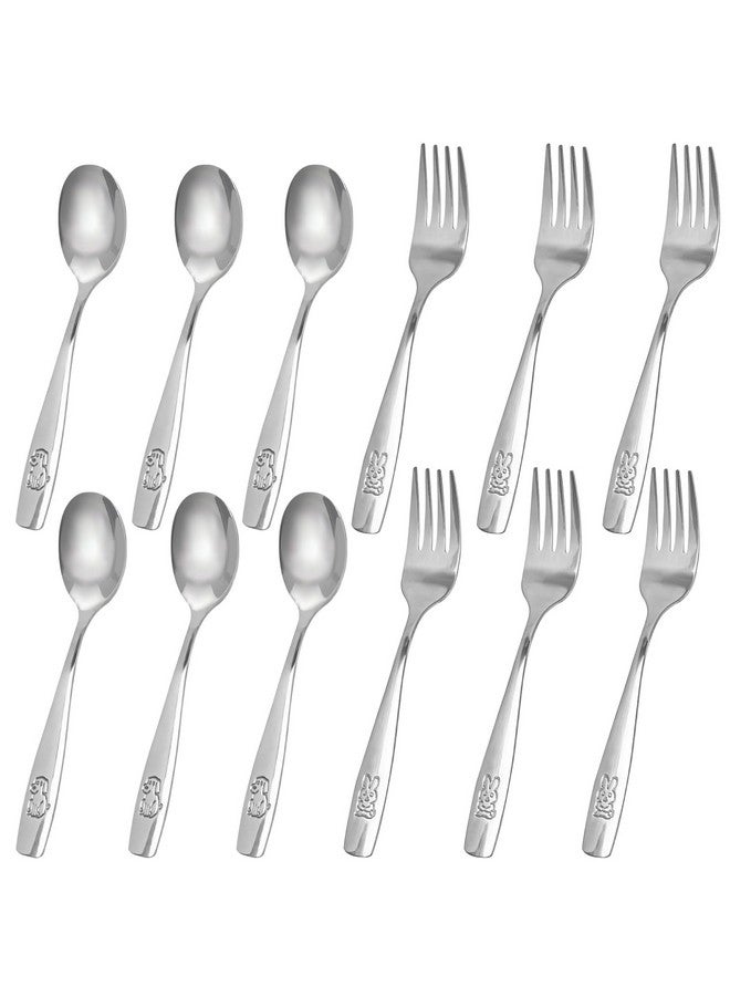 12Pcs Children Safe Forks And Spoons Silverware For Kids Cutlery Set Toddler Utensils Stainless Steel Tableware With Bunny And Puppy Motifs