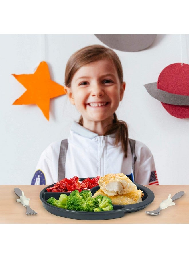 Kids Divided Plate With Utensils Children'S Meal Set With Plate Fork And Spoon Outer Space