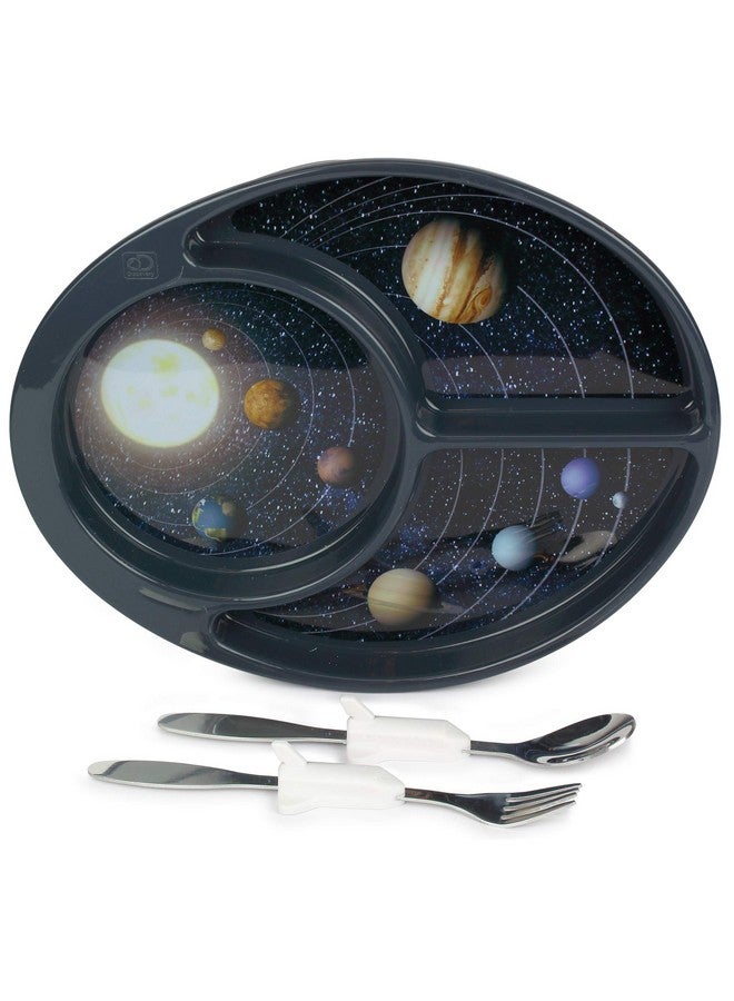 Kids Divided Plate With Utensils Children'S Meal Set With Plate Fork And Spoon Outer Space