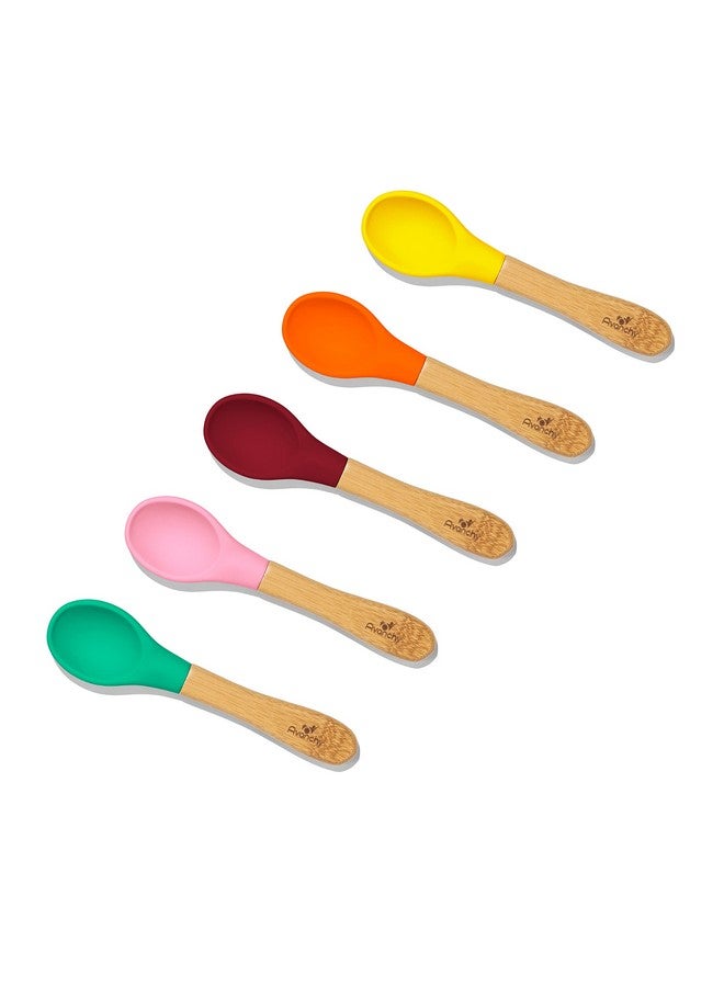 Baby Spoons 5 Bamboo And Silicone Set Self Feeding Food Utensils 4 Months Baby Led Weaning 5 Pack W/Pink