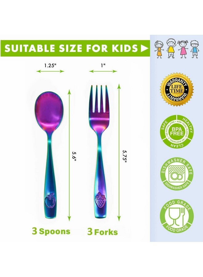 6 Piece Stainless Steel Kids Silverware Set Child And Toddler Safe Flatware Kids Utensil Set Metal Kids Cutlery Set (Includes 3 Small Kids Spoons & Kids 3 Forks Uv Rainbow)