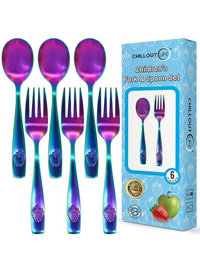 6 Piece Stainless Steel Kids Silverware Set Child And Toddler Safe Flatware Kids Utensil Set Metal Kids Cutlery Set (Includes 3 Small Kids Spoons & Kids 3 Forks Uv Rainbow)