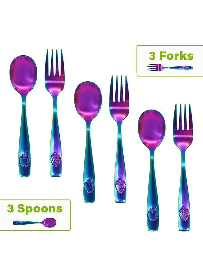 6 Piece Stainless Steel Kids Silverware Set Child And Toddler Safe Flatware Kids Utensil Set Metal Kids Cutlery Set (Includes 3 Small Kids Spoons & Kids 3 Forks Uv Rainbow)