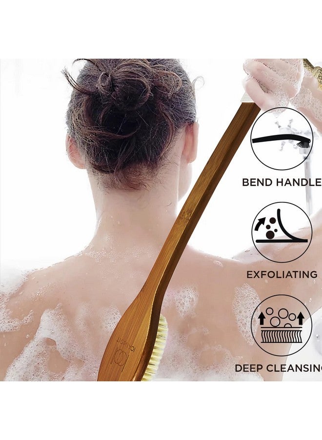 Icandoit17.71Inch Natural Boar Bristles Antislip Long Handle Bath Brushbent Handle Shower Scrubber For Exfoliatingshower Back Brushexfoliation Set With Pumice Stone (1 Pack)