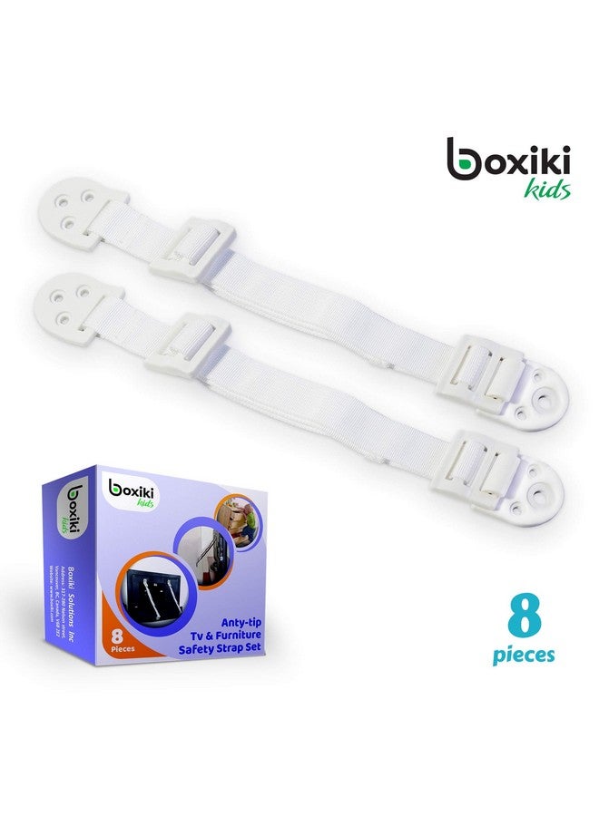 Adjustable Anti Tip Furniture Anchors For Baby Proofing And Dresser Anchoring Kit. 8 Pc Wall Anchors And Earthquake Straps. Baby Safety Kit And Home Safety Furniture Straps (White)