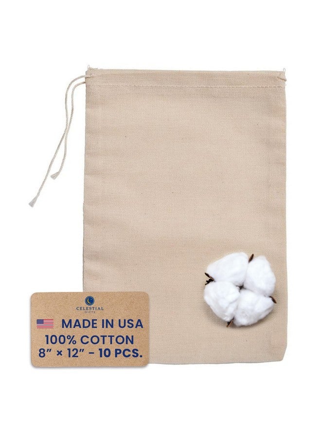 Muslin Bags With Drawstring 10Pcs 8X12 Large Drawstring Bags Bulk Drawstring Gift Bags For Party Favor And Diy Craft 100% Cotton Made In Usa (Natural Hem & Drawstring)