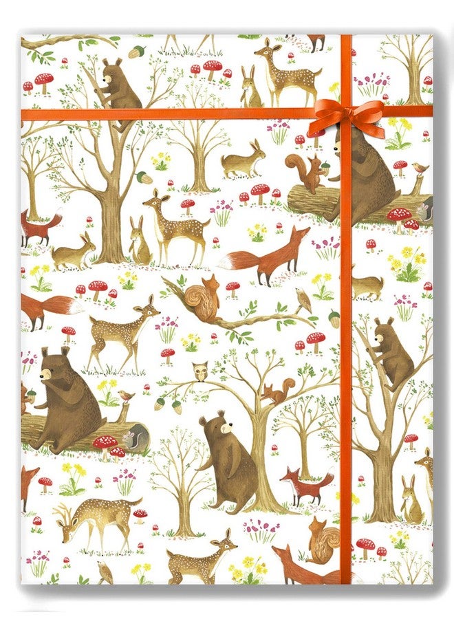 Folded Flat Sheet Wrapping Paper Featuring Enchanted Forest With Animal Friends Squirrels Foxes Rabbits Bears (Fairytale Forest)