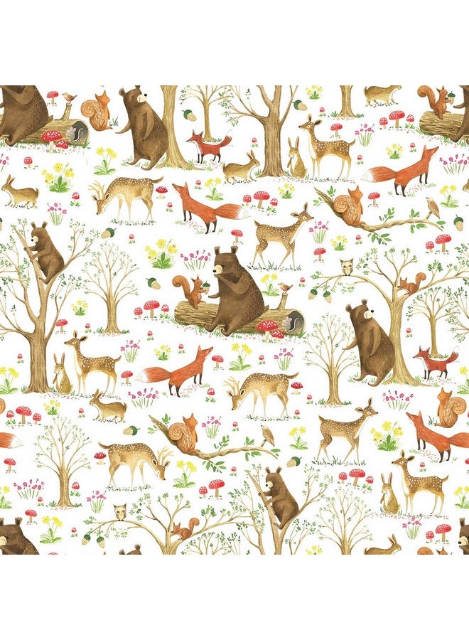 Folded Flat Sheet Wrapping Paper Featuring Enchanted Forest With Animal Friends Squirrels Foxes Rabbits Bears (Fairytale Forest)