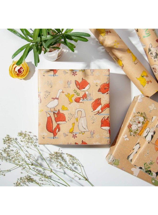 Kraft Wrapping Paper Sheet French Bulldog/Rabbit/Fox/Panda/Sika Deer/Duck Printed Spring Party Great For Baby Shower 6 Sheets Packed As 1 Roll 17.5 X 30 Inches Per Sheet