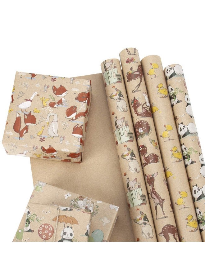 Kraft Wrapping Paper Sheet French Bulldog/Rabbit/Fox/Panda/Sika Deer/Duck Printed Spring Party Great For Baby Shower 6 Sheets Packed As 1 Roll 17.5 X 30 Inches Per Sheet