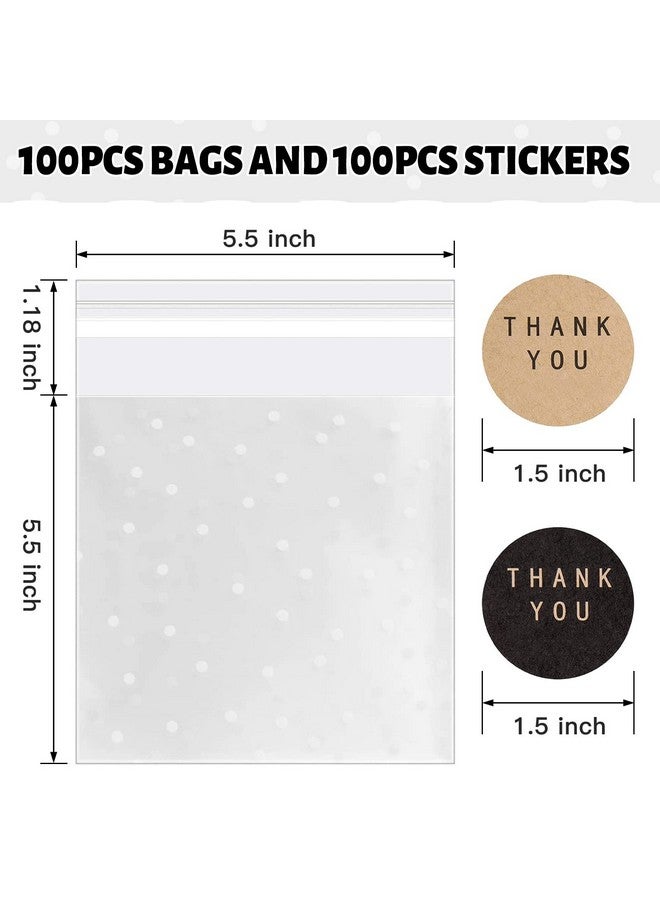 100Pack Self Adhesive Cookie Bags Cellophane Treat Bags Thank You Candy Bags For Gift Giving With Stickers(White Polka Dot 5.5X5.5 Inch)