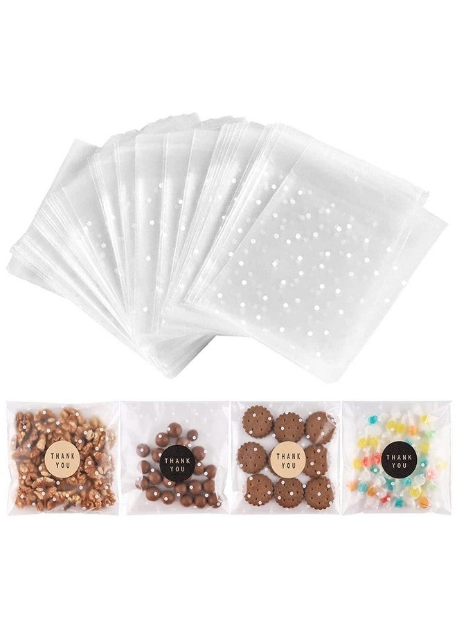 100Pack Self Adhesive Cookie Bags Cellophane Treat Bags Thank You Candy Bags For Gift Giving With Stickers(White Polka Dot 5.5X5.5 Inch)