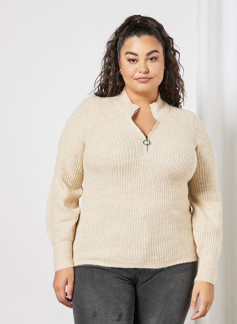 Plus Size Zip-Up Neckline Sweater Beige