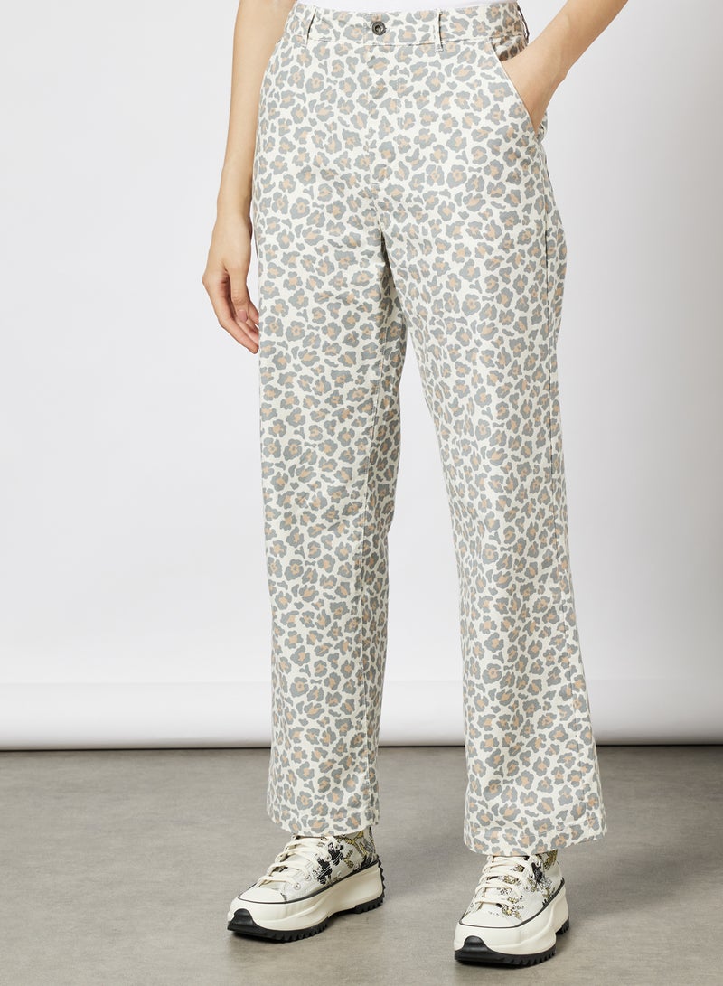 Straight Leg Leopard Woven Pants Beige