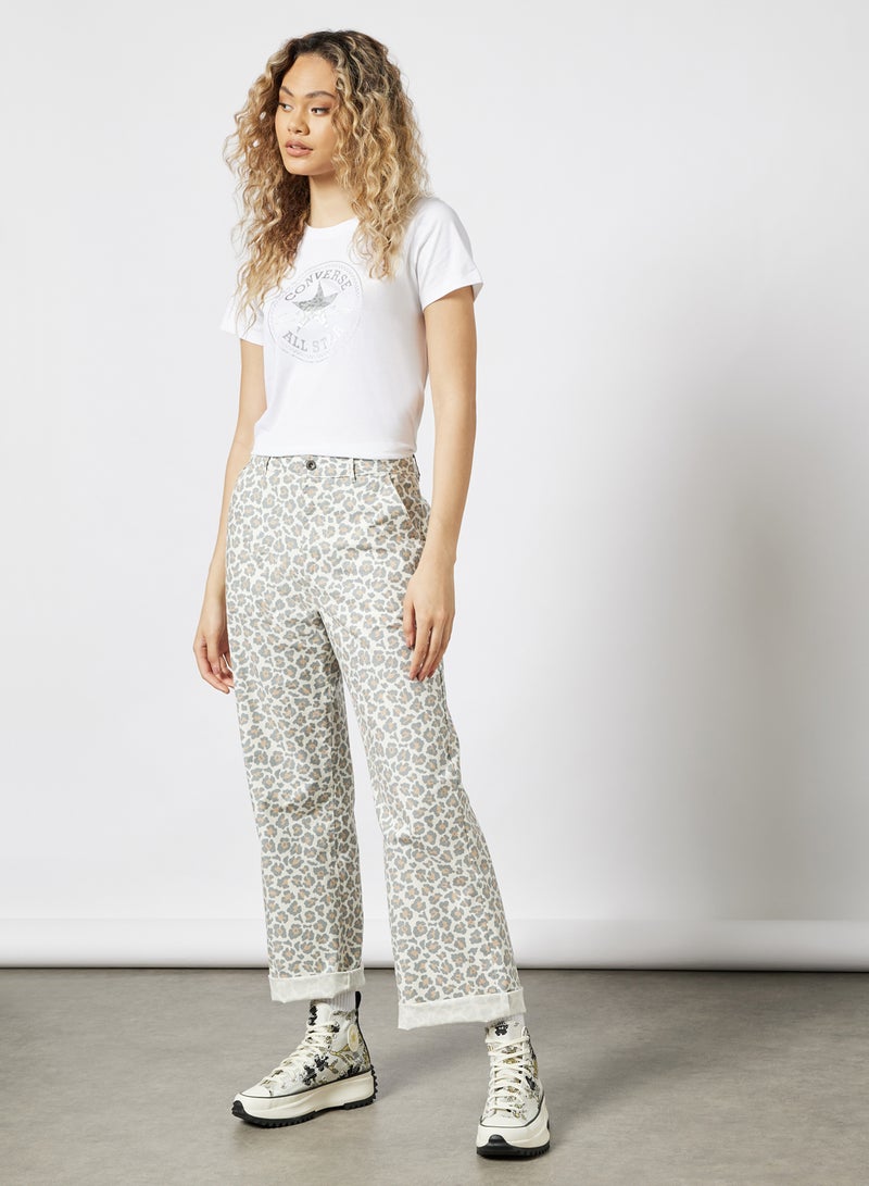 Straight Leg Leopard Woven Pants Beige