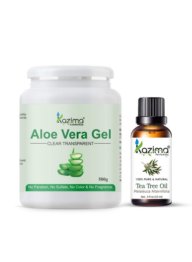 Combo Of Aloe Vera Gel 500G & Tea Tree Essential Oil 15Ml - 100% Pure & Natural For Skin, Face, Acne Scars, Hair, Moisturizer & Dark Circles (Combo Of 2)