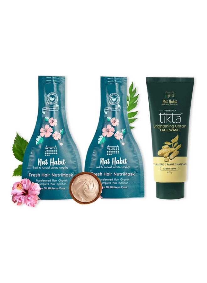 Hair Mask & Face Wash Combo 5 Oil Hibiscus Nutrimask & Brightening Ubtan Tikta Face Wash For Men & Women Hair Growth & Skin Glow Suitable For All Skin & Hair Types (Combo Pack Of 3)
