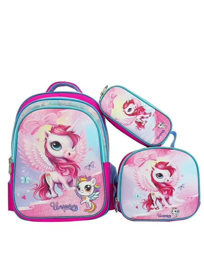 3-Piece Unicorn Horse-Drawn Backpack Set 42cm*31cm*19cm Pink