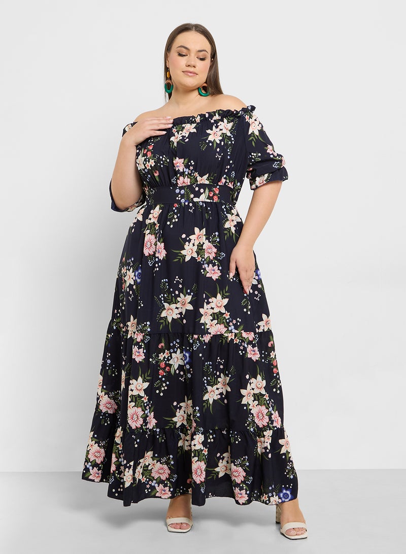 Floral Print Off Shoulder Dress