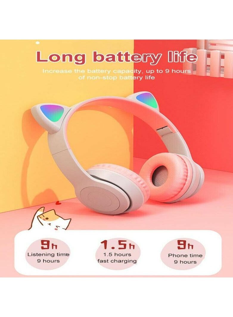 P47M Cat Ears Wireless Bluetooth Headset  With Foldable Glowing  Stereo Noise Canceling Headphones