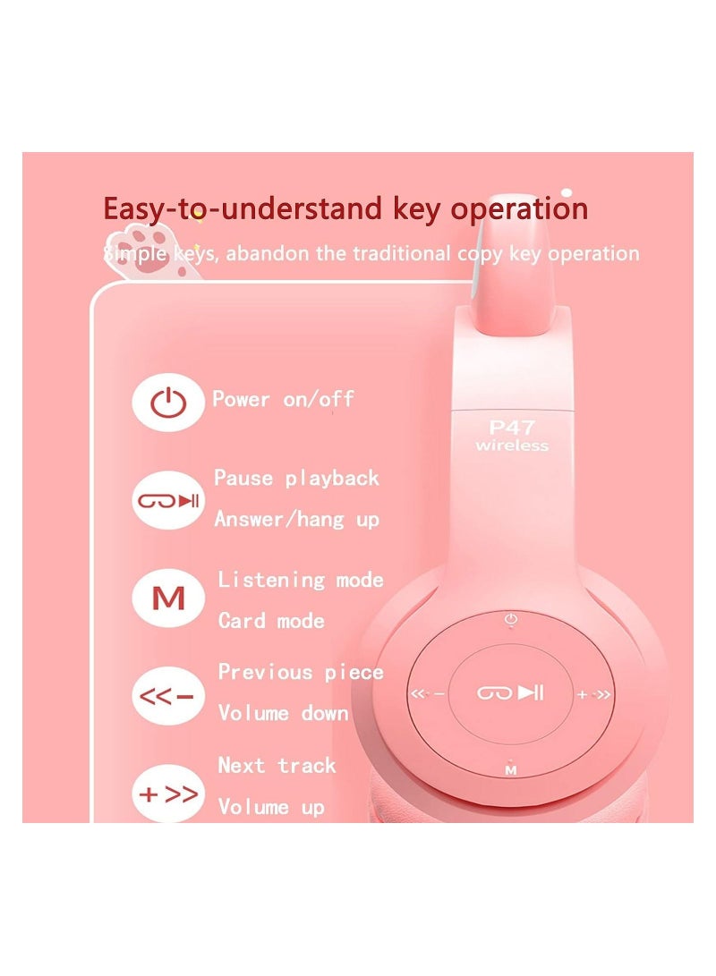 P47M Cat Ears Wireless Bluetooth Headset  With Foldable Glowing  Stereo Noise Canceling Headphones