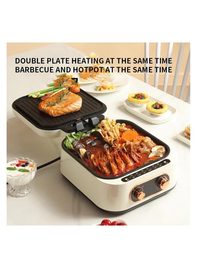 Two-in-One Grill Hot Pot  Multi-Function Electric Baking Tray with Dual Zone Temperature Control ,Ideal for Family Dining, BBQ, and Cooking , Non-Stick Surface