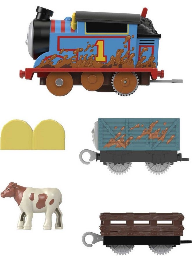 Motorized Toy Train Muddy Thomas Engine With Cargo Cars & Cow For Preschool Pretend Play Kids Ages 3+ Years