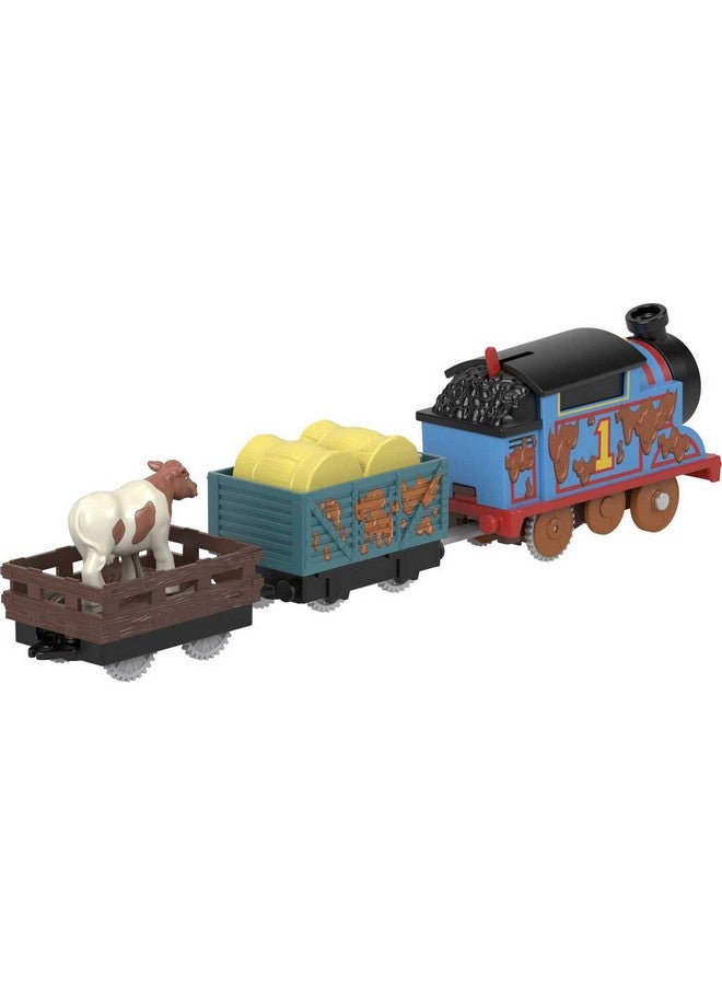 Motorized Toy Train Muddy Thomas Engine With Cargo Cars & Cow For Preschool Pretend Play Kids Ages 3+ Years