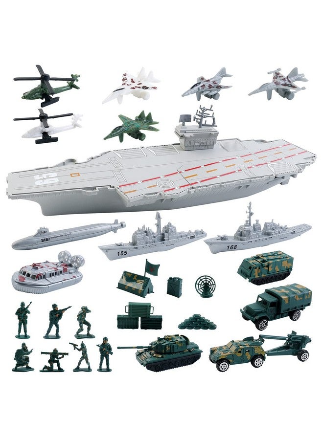 Aircraft Carrier Toy With Scale Model Warplanes Warships Military Vehicles Battleship Helicopter Planes Trucks Tank Army Men Toys For Kids Boys Girls 18 Inches