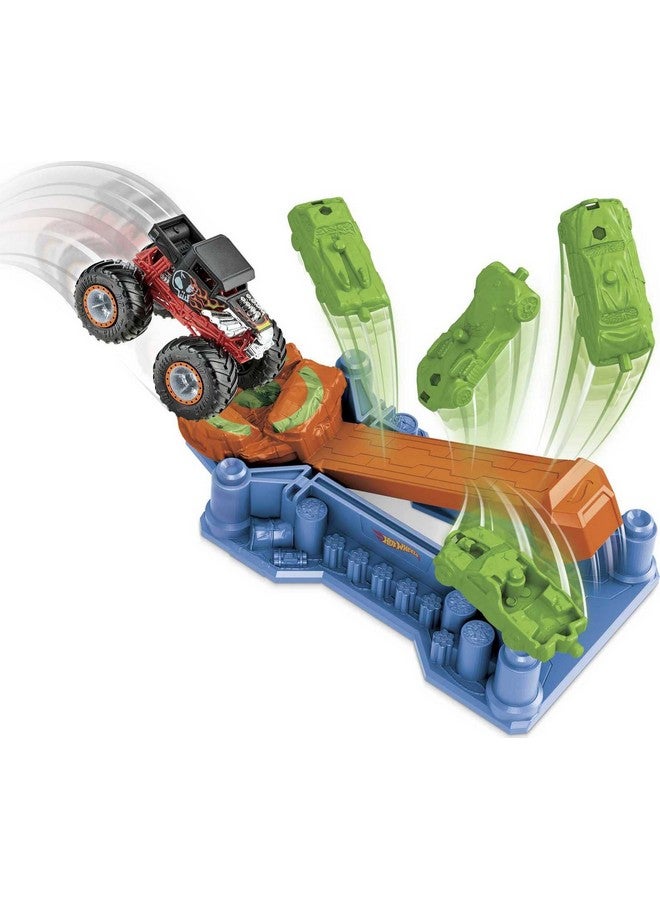 Monster Trucks Launch & Bash Playset With Launcher, 4 Crushed Cars, 1 1:64 Scale Monster Truck, Landing Zone For Stunting, Crashing Action Great Gift For Kids Ages 4 5 6 7 8