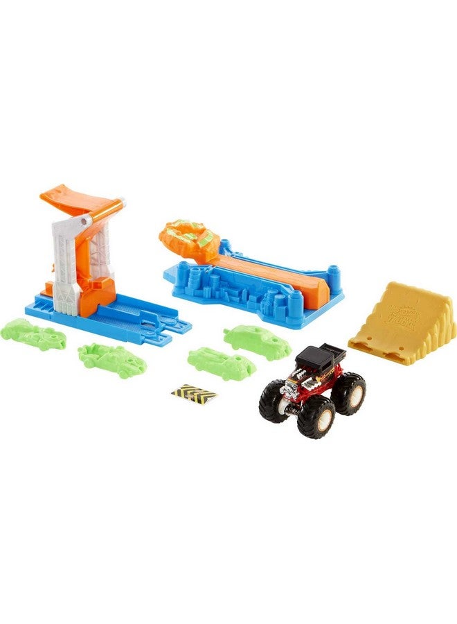 Monster Trucks Launch & Bash Playset With Launcher, 4 Crushed Cars, 1 1:64 Scale Monster Truck, Landing Zone For Stunting, Crashing Action Great Gift For Kids Ages 4 5 6 7 8