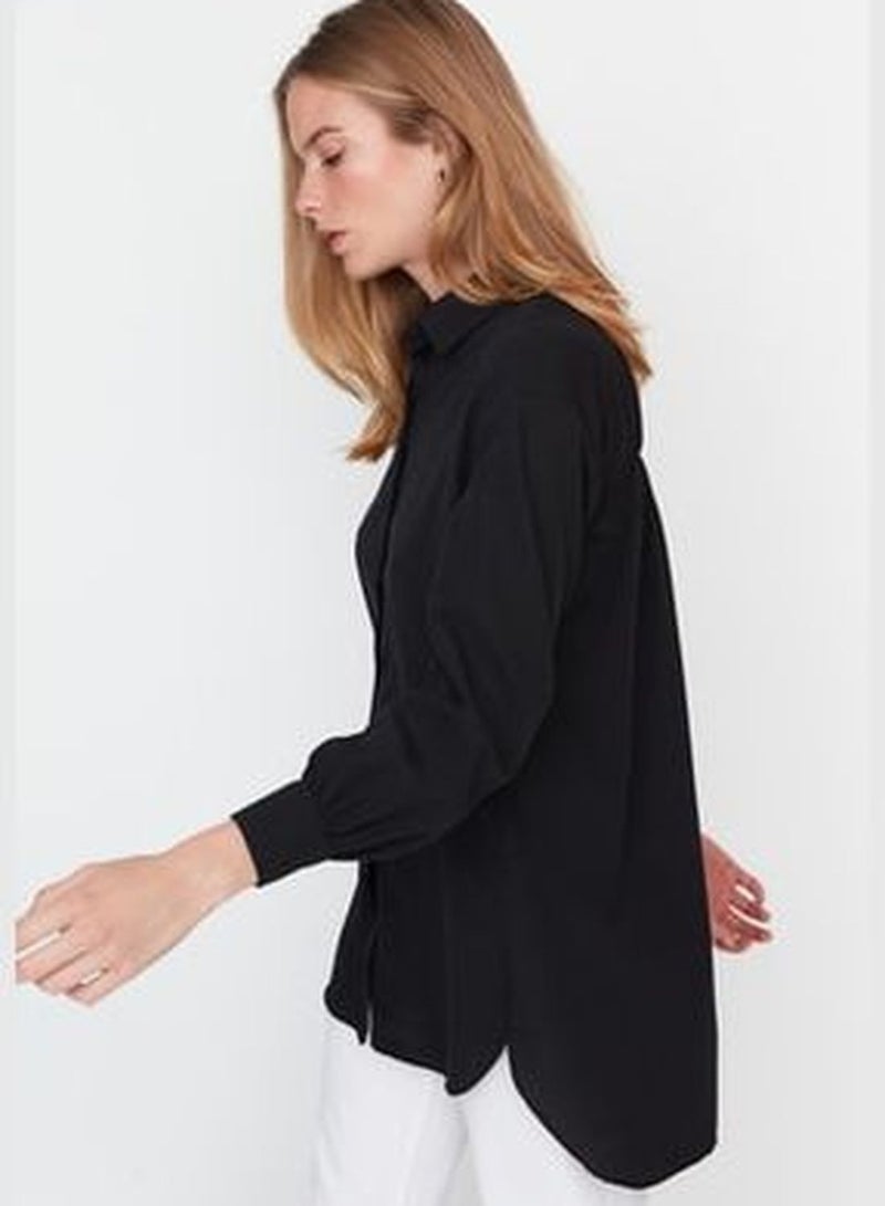 Black Asymmetrical Woven Shirt with Stitching Detail on the Back and Sleeves TCTAW23TG00053