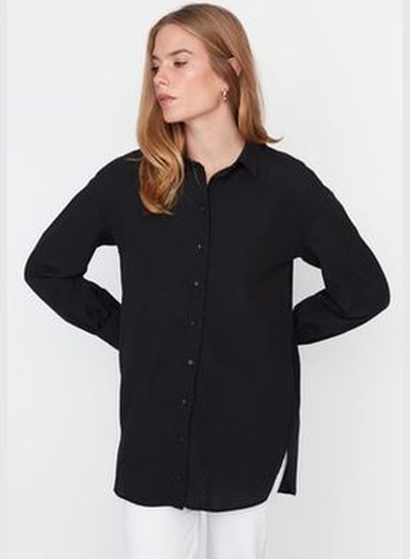 Black Asymmetrical Woven Shirt with Stitching Detail on the Back and Sleeves TCTAW23TG00053