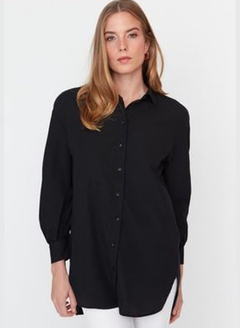 Black Asymmetrical Woven Shirt with Stitching Detail on the Back and Sleeves TCTAW23TG00053