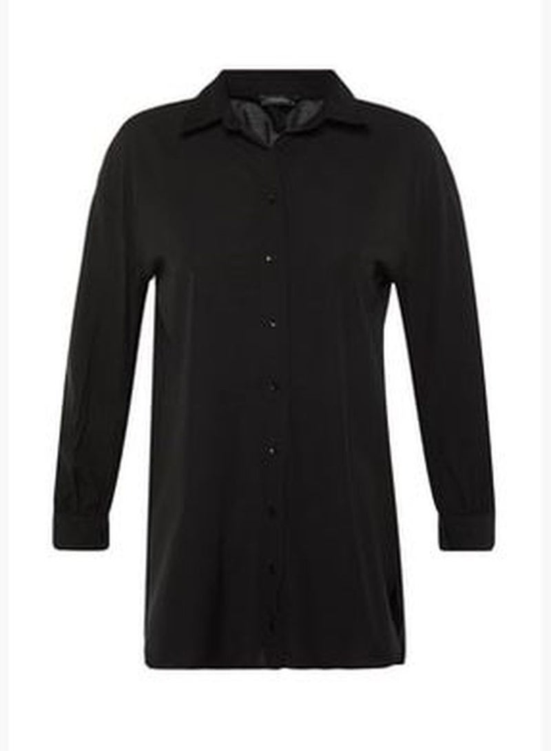 Black Asymmetrical Woven Shirt with Stitching Detail on the Back and Sleeves TCTAW23TG00053