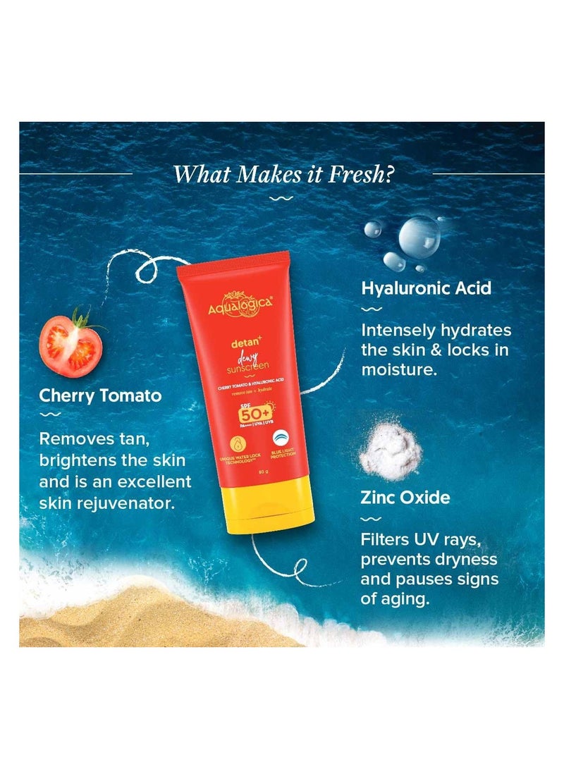 Aqualogica Detan+ Dewy Sunscreen with Cherry Tomato & Hyaluronic Acid with SPF 50 & PA++++ - 80g