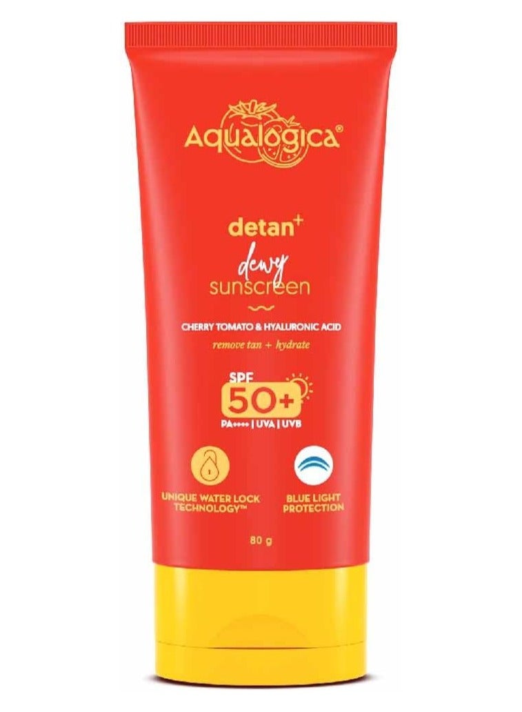 Aqualogica Detan+ Dewy Sunscreen with Cherry Tomato & Hyaluronic Acid with SPF 50 & PA++++ - 80g