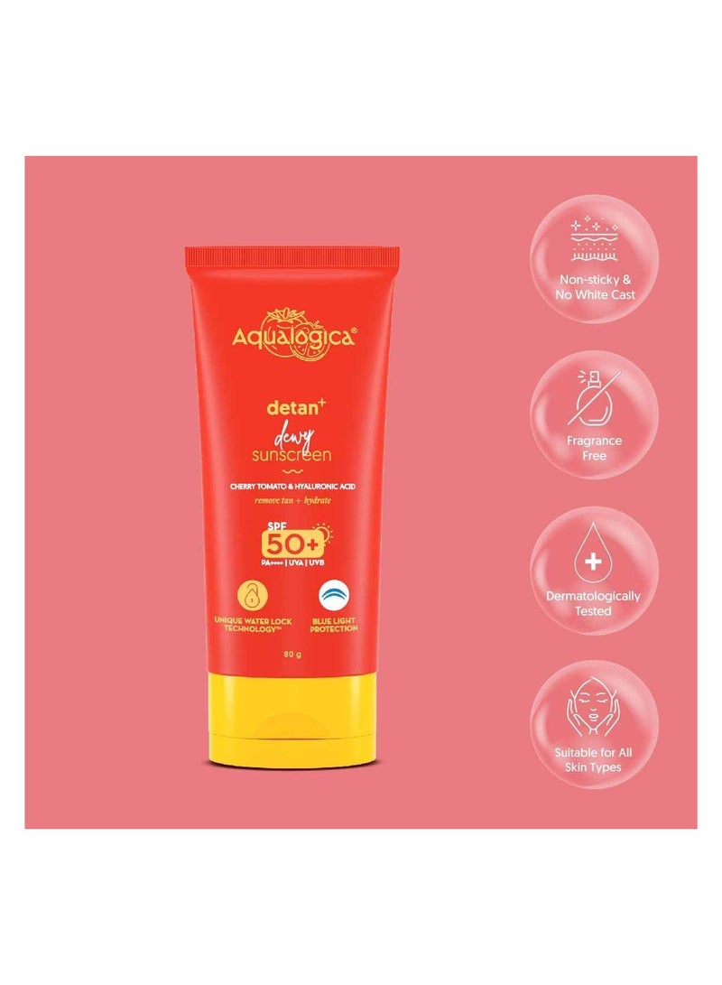 Aqualogica Detan+ Dewy Sunscreen with Cherry Tomato & Hyaluronic Acid with SPF 50 & PA++++ - 80g