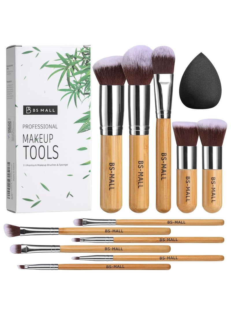 BS-MALL Makeup Brush Set 11Pcs Bamboo Synthetic Kabuki Brush Set Foundation Powder Blending Concealer Eye Shadows Blush Cosmetics Brushes with Organizer Bag & Makeup Sponge