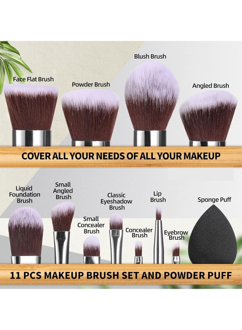 BS-MALL Makeup Brush Set 11Pcs Bamboo Synthetic Kabuki Brush Set Foundation Powder Blending Concealer Eye Shadows Blush Cosmetics Brushes with Organizer Bag & Makeup Sponge