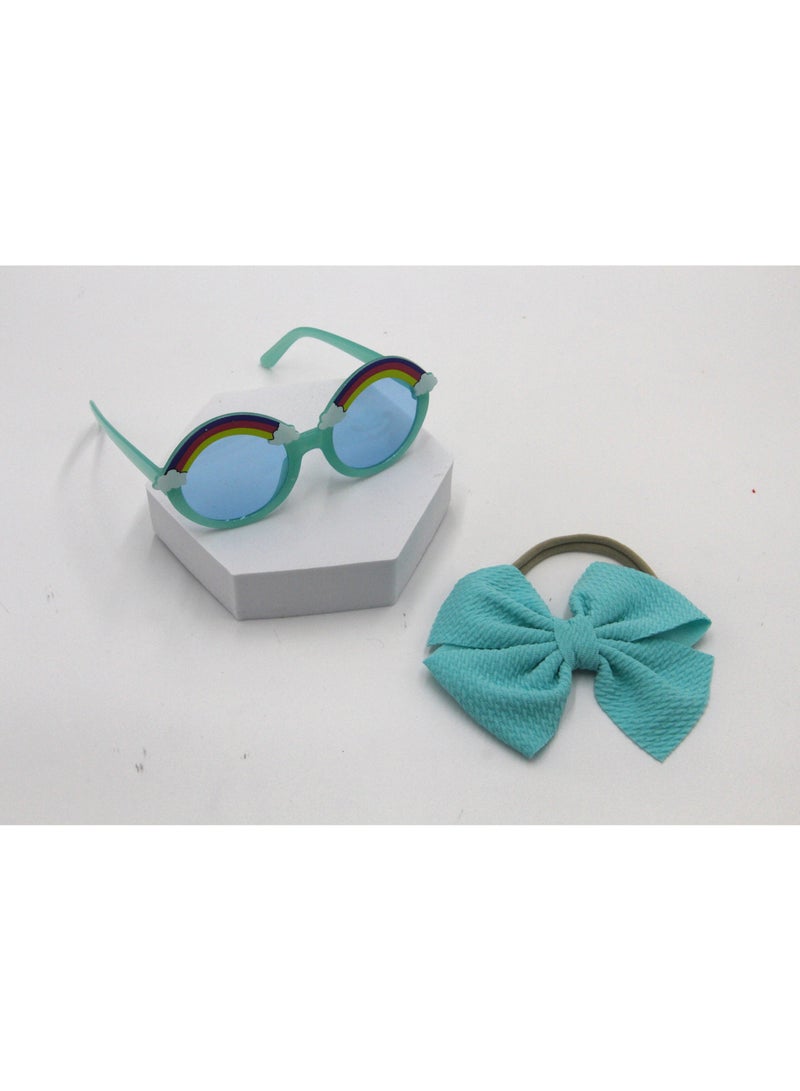 Anaya Rainbow Glasses and Bow Barrette Ponytail Set For Babies and Girls - Baby Blue