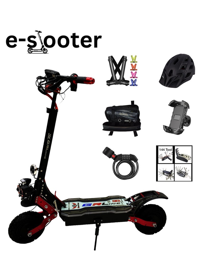 E Scooter GR Line S6 Sports Edition: Dual 2500W Motors, 48V 23Ah LT Battery Unleash Unmatched Power and Performance, 80km Max Speed, 35-45km Mileage, 150kg Max Load – Key Ignition, Remote Control, Digital Board, Loud Horn, 11.5-inch Off-Road Tires, Dual Shock Absorbers, Advanced Suspension, and Complimentary Helmet, Lock, Pump, Toolkit, Safety Belt, and Mobile Holder for Unmatched Performance and Safety