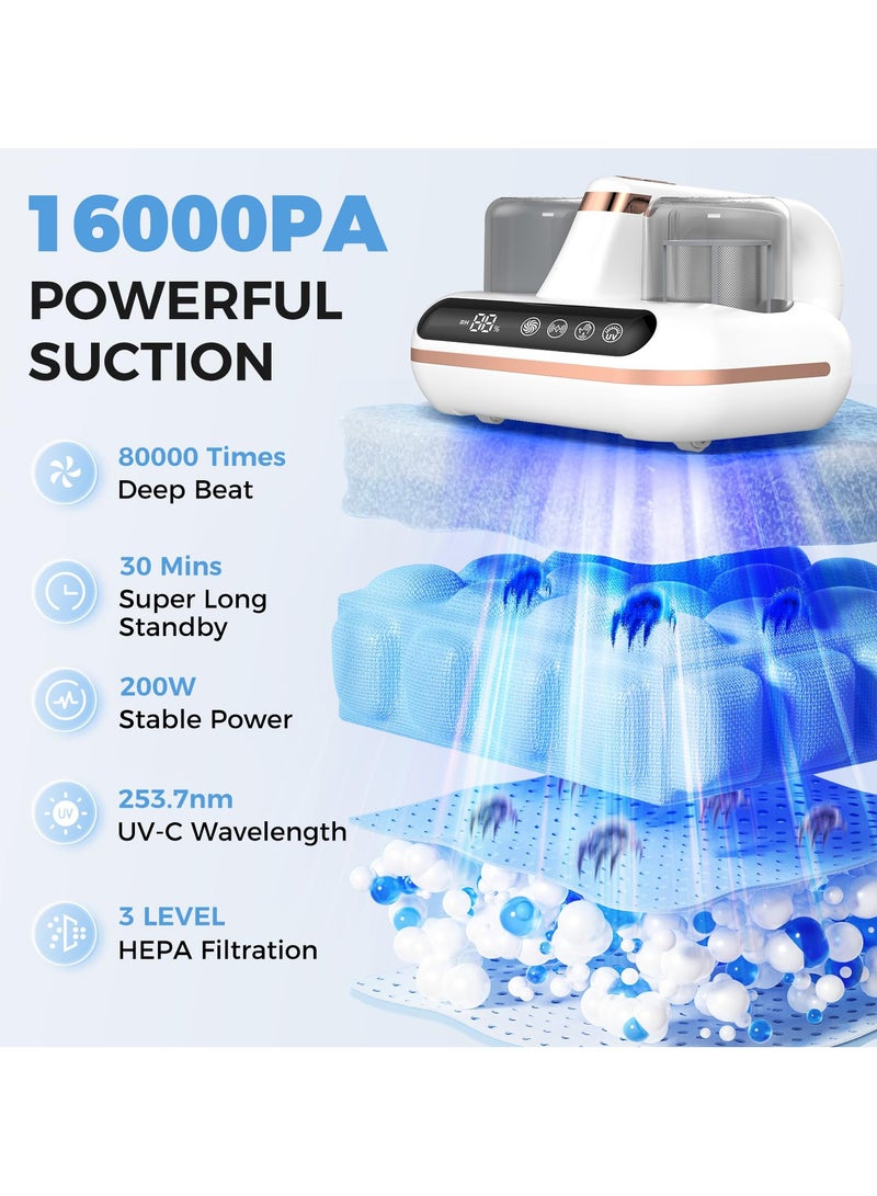 Bed Vacuum Cleaner - 5-in-1 Cordless Mattress Vacuum Cleaner, Powered by UV-C light & ultrasonic technology, 16Kpa strong suction,low noise,Suitable for dust, pet hair, etc.