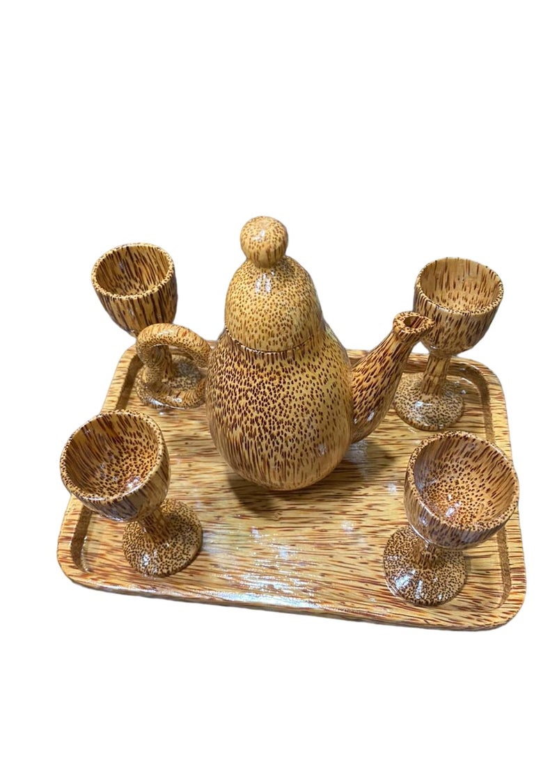 Coconut Wood Teapot Set with Plate, 20cm Length