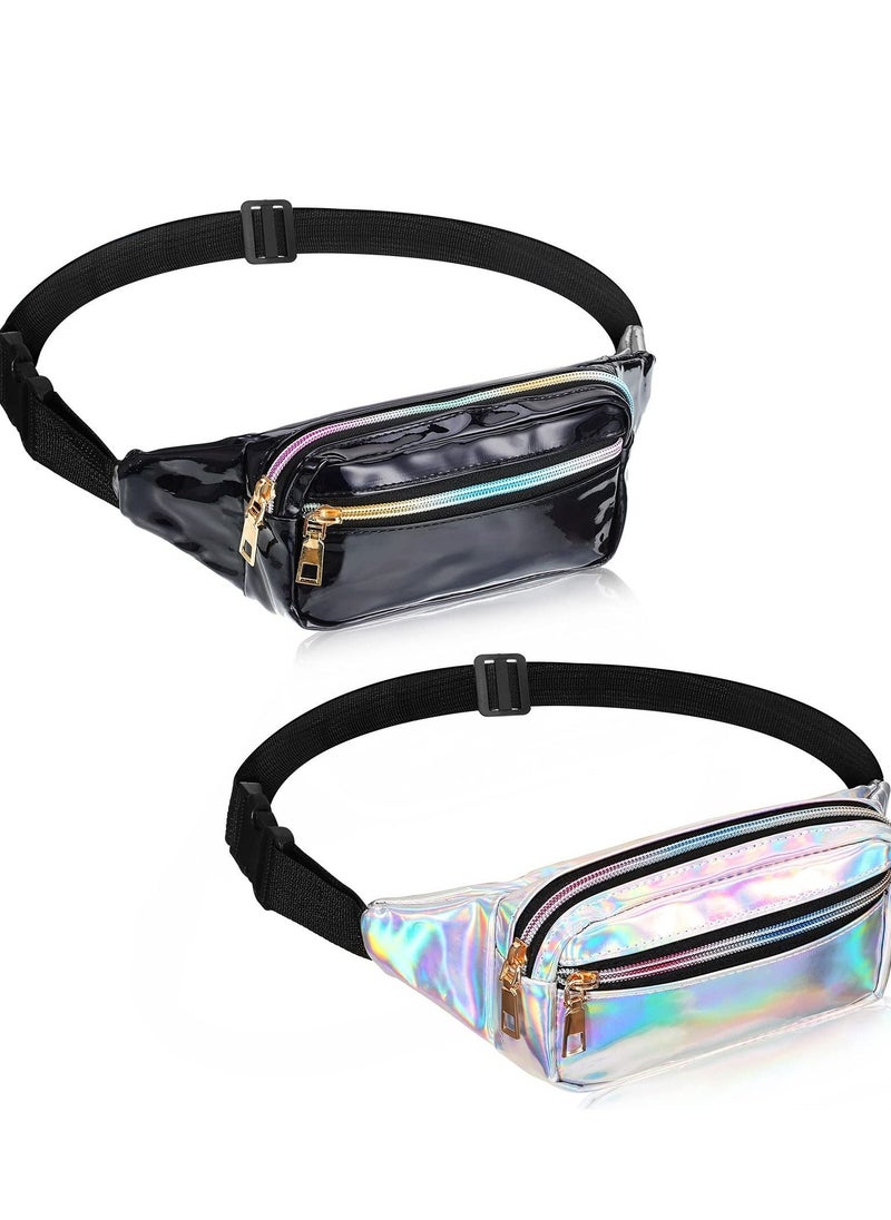 2 Piece Waist Pack Shiny Holographic Waist Pack Waterproof Neon Waist Pack Holiday Ladies, Men'S Pack Outdoor Sports Cell Phone Pack (Silver, Black)