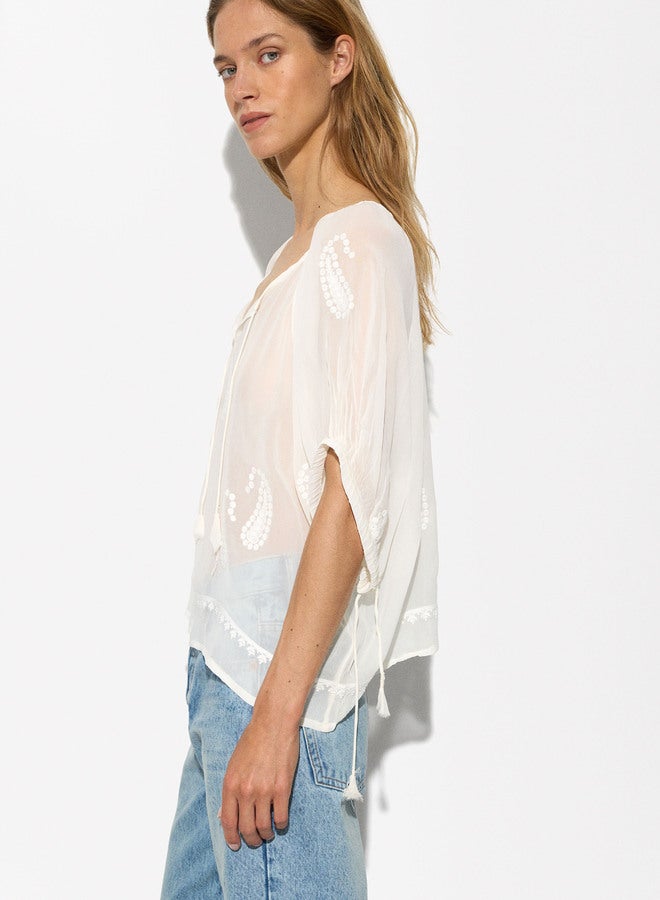 Embroidered Semi-Transparent Top
