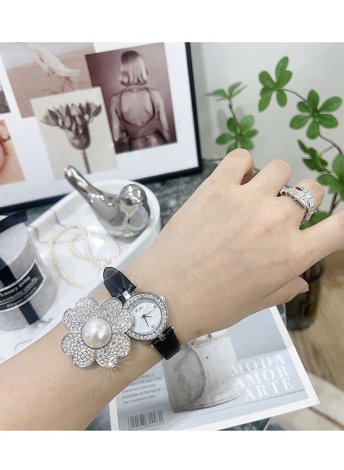 Fashionable Floral Temperament Women's Watch Diamond Inlaid Flip Personality Watch Women's Black Leather Strap Women's Watch