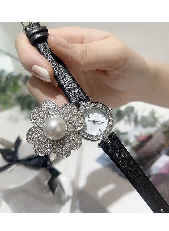 Fashionable Floral Temperament Women's Watch Diamond Inlaid Flip Personality Watch Women's Black Leather Strap Women's Watch