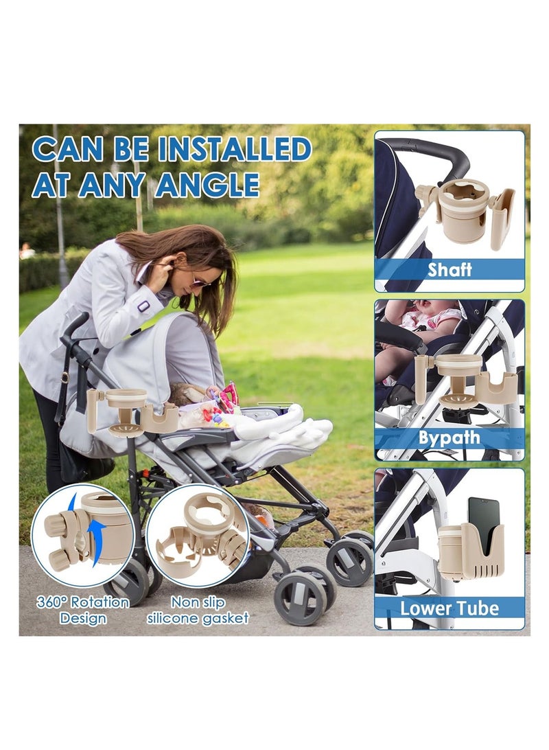 Retractable Stroller Cup Holder, Non-Slip Multifunctional Holder with Phone Slot, Firm Grip for Stroller, Bike, Walker, Beige