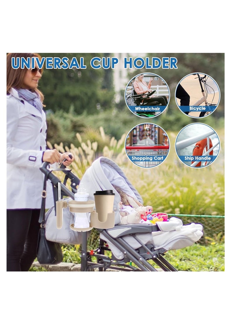 Retractable Stroller Cup Holder, Non-Slip Multifunctional Holder with Phone Slot, Firm Grip for Stroller, Bike, Walker, Beige